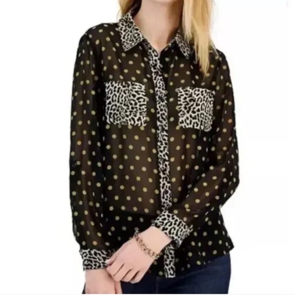INC International Concepts Tops - INC Long Sleeve Sheer Button Down Dot Animal Print Blouse Black Brown SP